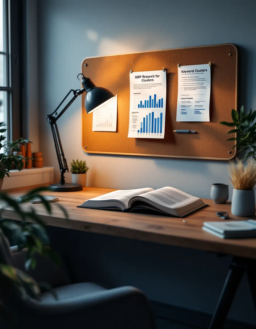 A studio desk with printed keyword research and editorial notebooks under warm afternoon light